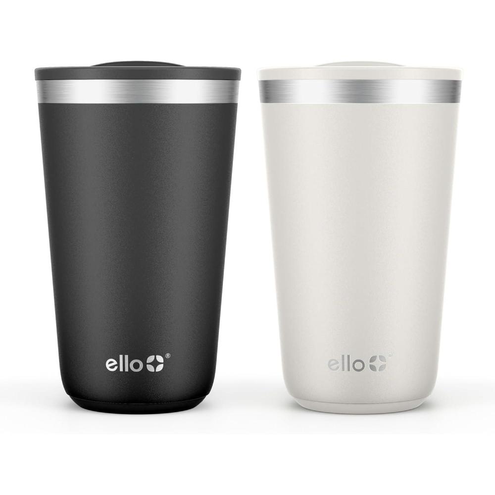 imageEllo 2 Pack 16oz Stainless Steel Stacking Cups with Easy Press Lids Pint Size Reusable Tumblers for Parties Home Camping Outdoor Keeps Cold for 16 Hours Dishwasher Safe Soft Plum amp SageBlack Mineral