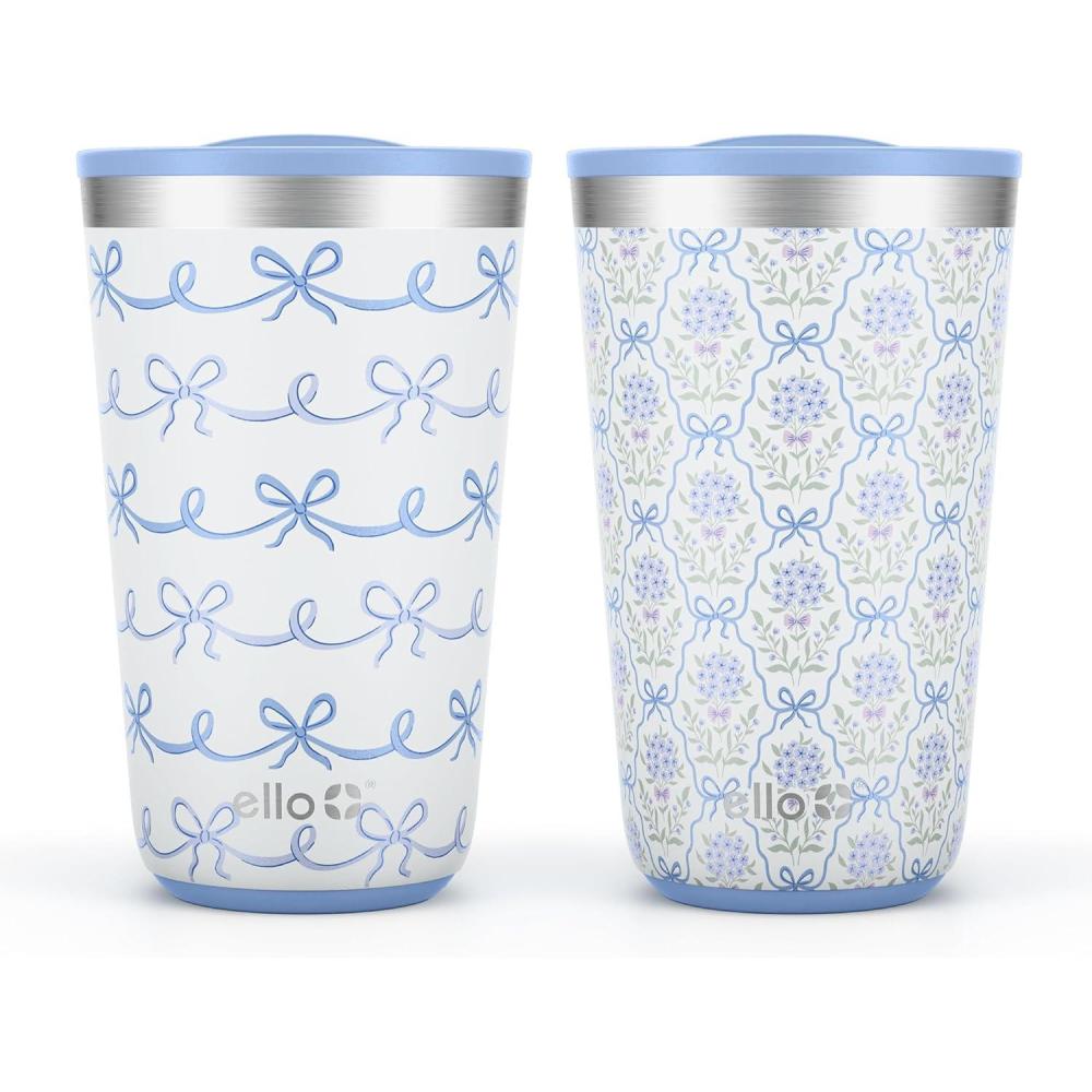 imageEllo 2 Pack 16oz Stainless Steel Stacking Cups with Easy Press Lids Pint Size Reusable Tumblers for Parties Home Camping Outdoor Keeps Cold for 16 Hours Dishwasher Safe Soft Plum amp SageBows Flowers