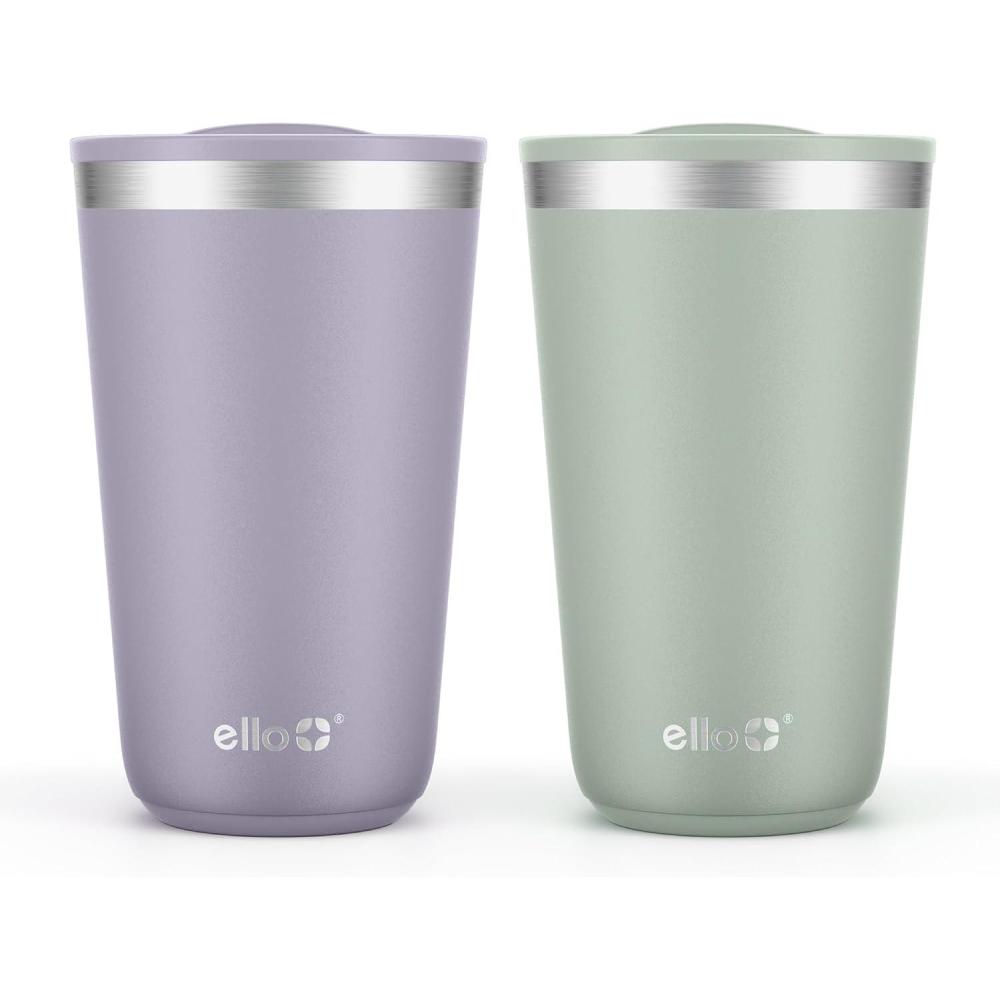 imageEllo 2 Pack 16oz Stainless Steel Stacking Cups with Easy Press Lids Pint Size Reusable Tumblers for Parties Home Camping Outdoor Keeps Cold for 16 Hours Dishwasher Safe Soft Plum amp SageSoft Plum Sage