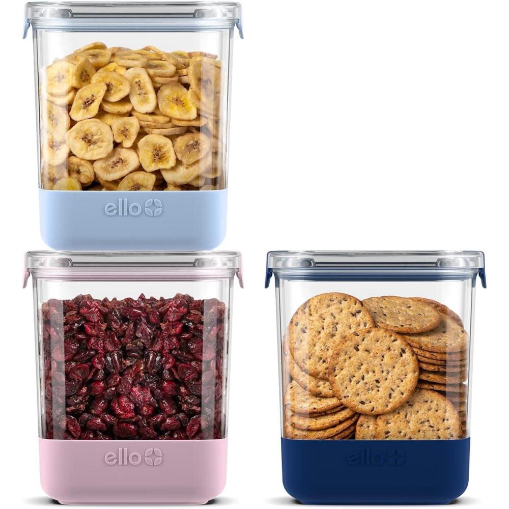 imageEllo Airtight Food Storage Plastic Canisters with NonSlip Base Locking Lids and Labels for Kitchen and Pantry Organization Perfect for Sugar Cerea Pasta Dry Food Set of 3 66 Cup Cupcake