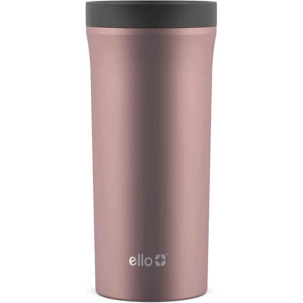 imageEllo Arabica 14oz Stainless Steel Travel Mug with LeakProof Slider Lid Keeps Hot for 5 Hours Perfect for Coffee or Tea BPAFree Tumbler Gift for Coffee Lovers BlackRosegold