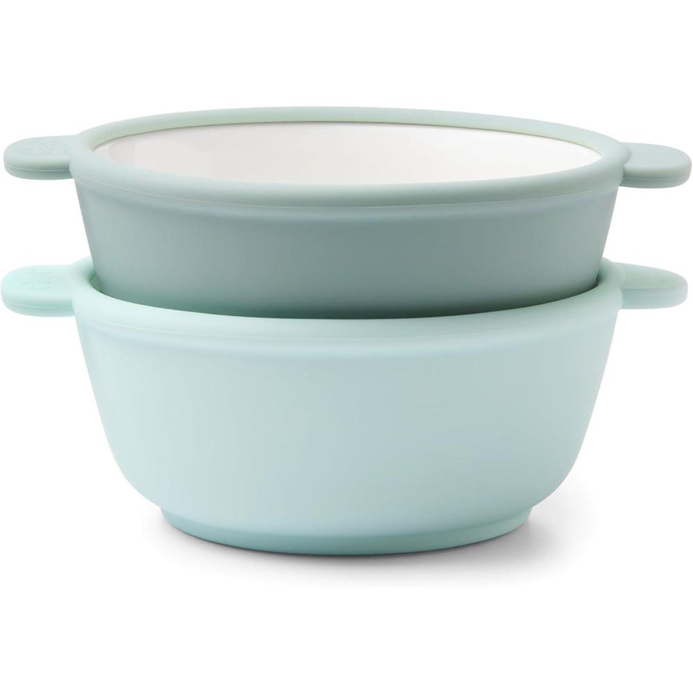 imageEllo Clean Start Toddler Bowls 2 Pack  Ceramic KidsBaby Bowls with Silicone Sleeves  BPAFree PlasticFree  Microwave amp Dishwasher Safe  High Chair Friendly Stackable  Quiet TideTech BlueDewdropGrayed Jade