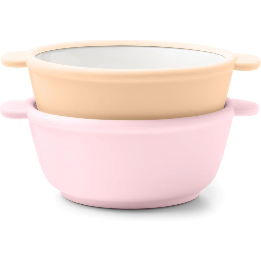 imageEllo Clean Start Toddler Bowls 2 Pack Ceramic KidsBaby Bowls with Silicone Sleeves BPAFree PlasticFree Microwave amp Dishwasher Safe High Chair Friendly Stackable Quiet TideTech BlueCashmere PinkDune