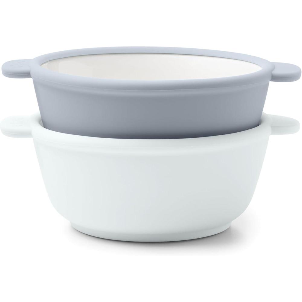 imageEllo Clean Start Toddler Bowls 2 Pack Ceramic KidsBaby Bowls with Silicone Sleeves BPAFree PlasticFree Microwave amp Dishwasher Safe High Chair Friendly Stackable Quiet TideTech BlueQuiet TideTech Blue