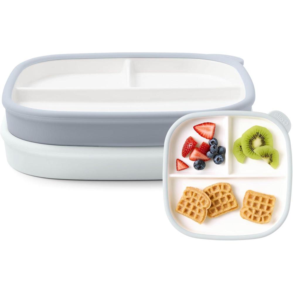 imageEllo Clean Start Toddler Breakfast Plate 2 Pack  BPAFree Ceramic Plates with Divider amp Silicone Sleeve for BabiesToddlers Microwave amp Dishwasher Safe  High Chair Friendly  DewdropSugarplumQuiet TideTech Blue