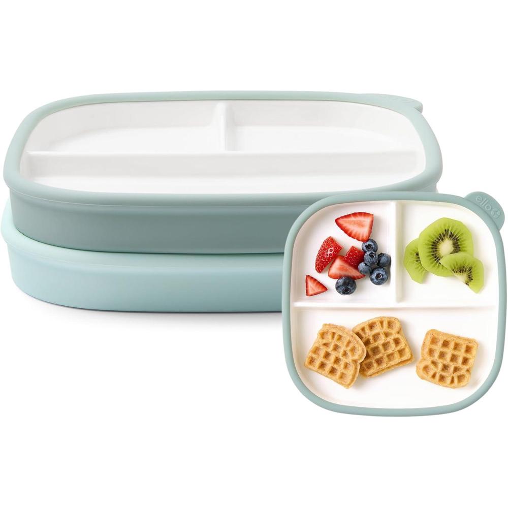 imageEllo Clean Start Toddler Breakfast Plate 2 Pack  BPAFree Ceramic Plates with Divider amp Silicone Sleeve for BabiesToddlers Microwave amp Dishwasher Safe  High Chair Friendly  DewdropSugarplumDewdropGrayed Jade