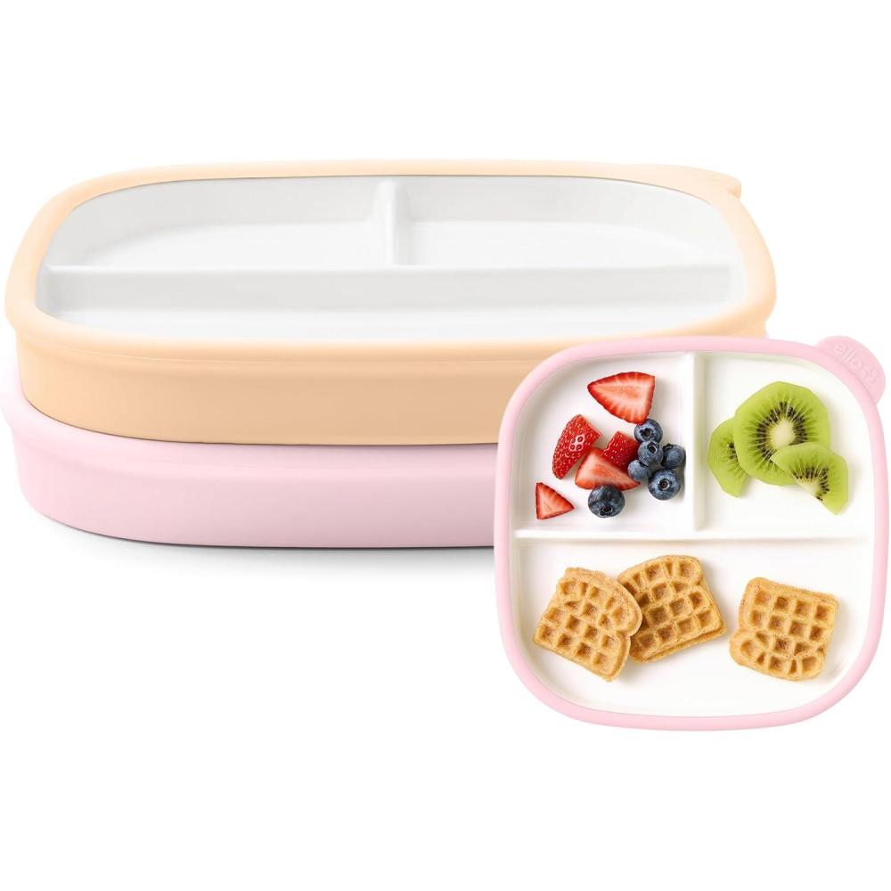 imageEllo Clean Start Toddler Breakfast Plate 2 Pack  BPAFree Ceramic Plates with Divider amp Silicone Sleeve for BabiesToddlers Microwave amp Dishwasher Safe  High Chair Friendly  DewdropSugarplumCashmere PinkDune