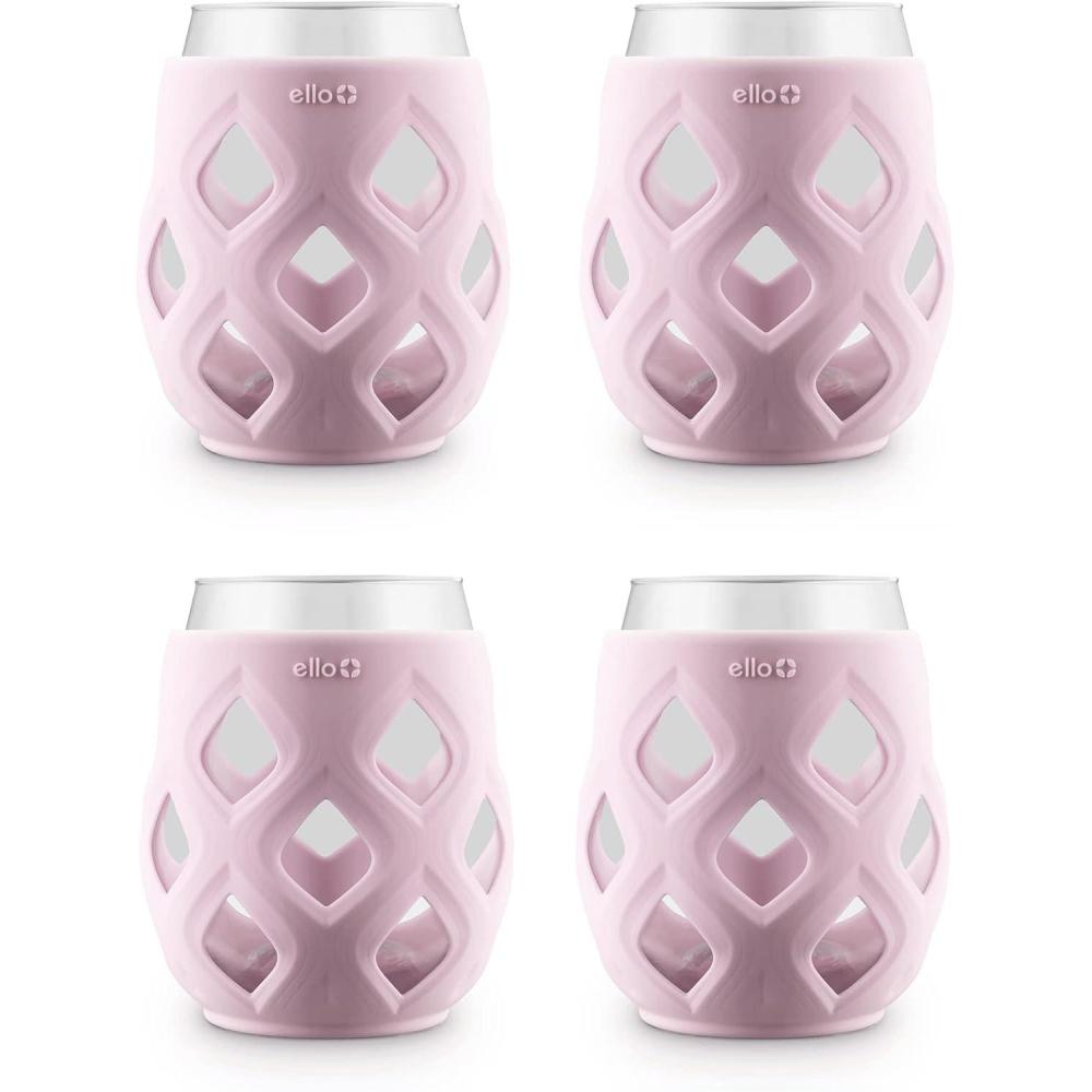 imageEllo Cru 17oz Stemless Wine Glass Set with Protective Silicone Sleeves Dishwasher Safe Cocktail Glass Pack Perfect for Summer Patios and Parties Festive Fun Holiday Gift for Women Men Her HimPink