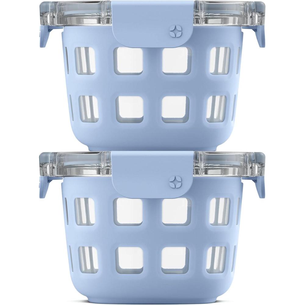 imageEllo Duraglass 4Pack 2 Cup Reusable Glass Container Jar with Leak Proof Lids and Protective Silicone Sleeves Perfect for Overnight Oats Yogurt BPAFree Dishwasher Safe Evening OrchardHalogen Blue