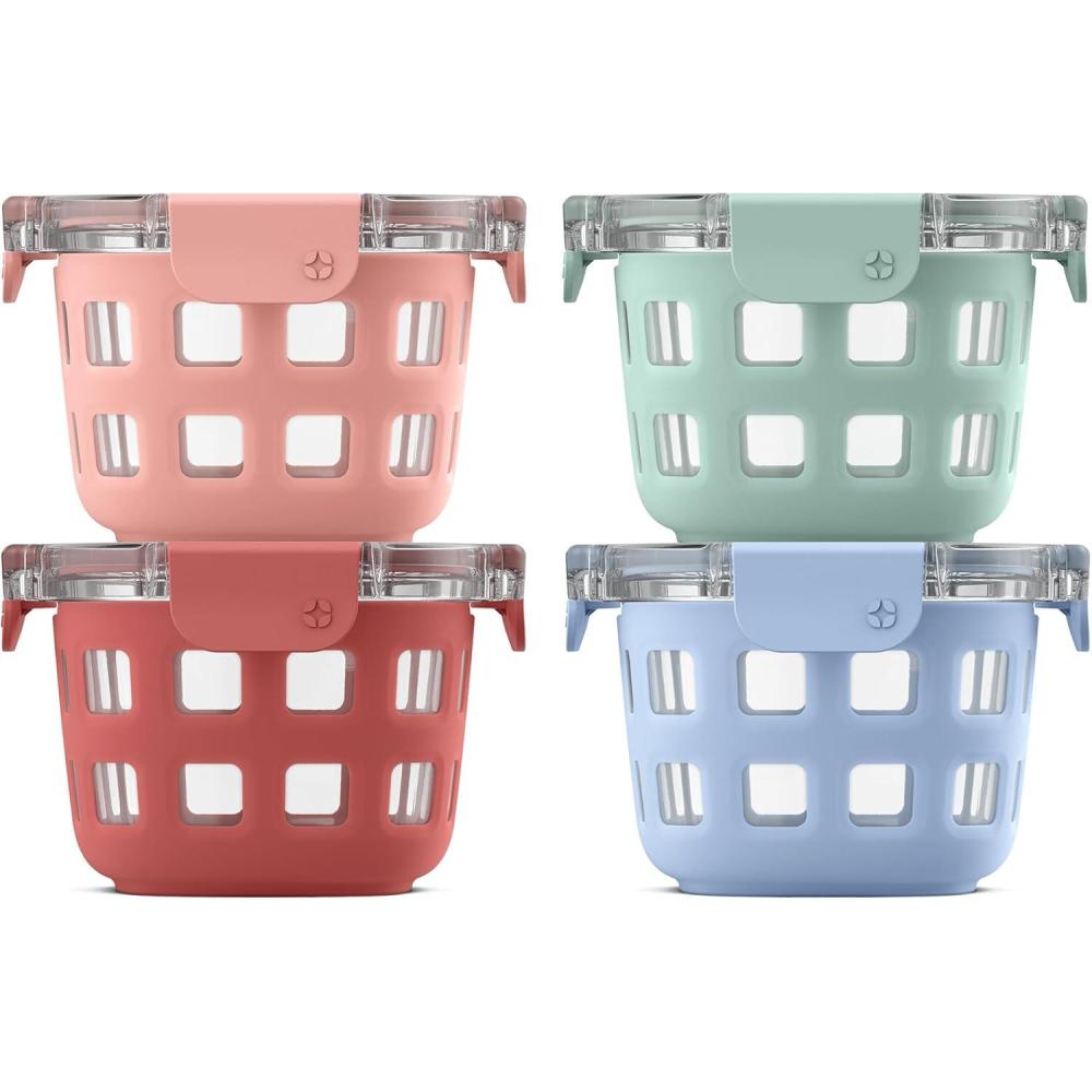 imageEllo Duraglass 4Pack 2 Cup Reusable Glass Container Jar with Leak Proof Lids and Protective Silicone Sleeves  Perfect for Overnight Oats Yogurt  BPAFree  Dishwasher Safe  Evening OrchardMelon