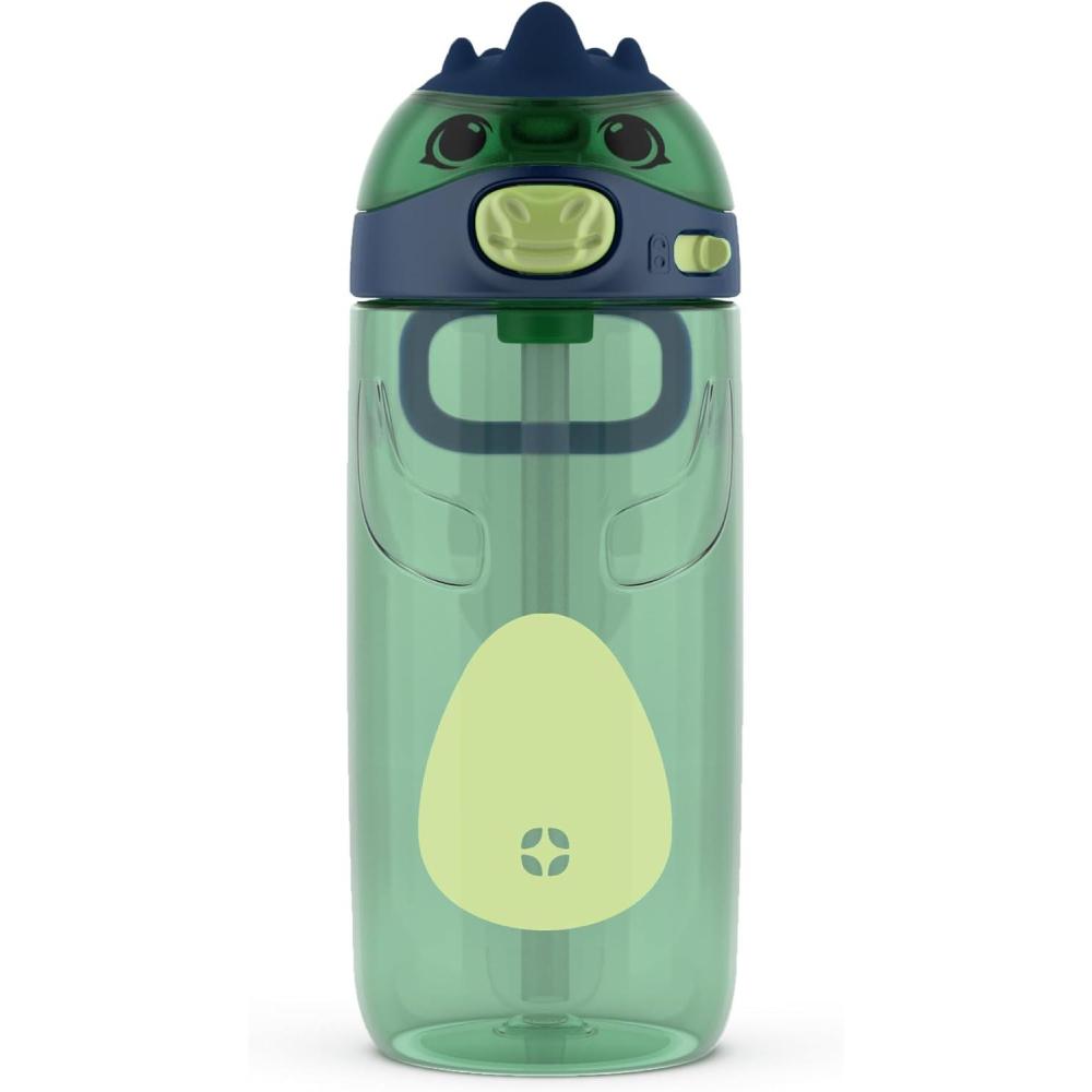 imageEllo Ellies 16oz Plastic Kids Water Bottle with Straw and Builtin Carrying Handle and LeakProof Locking Lid for School backpack Lunchbox and Outdoor Sports PigDino