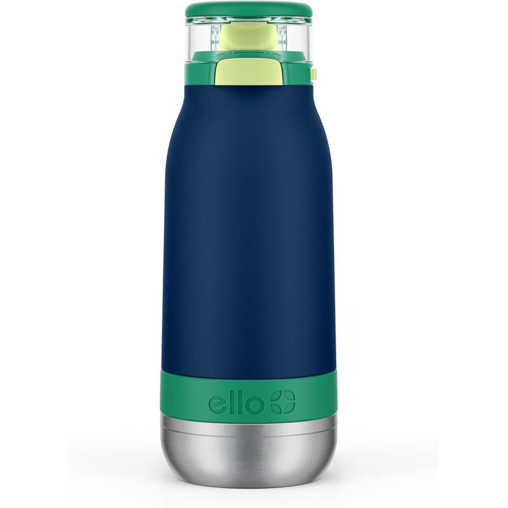imageEllo Emma 14oz Vacuum Insulated Stainless Steel Kids Water Bottle with Straw and Builtin Carrying Handle and LeakProof Locking Lid for School Backpack Lunchbox and Outdoor SportsTidal Wave