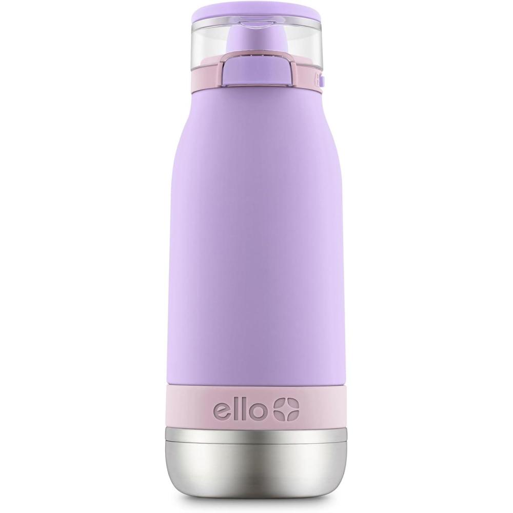 imageEllo Emma 14oz Vacuum Insulated Stainless Steel Kids Water Bottle with Straw and Builtin Carrying Handle and LeakProof Locking Lid for School Backpack Lunchbox and Outdoor SportsLilacCashmere Pink