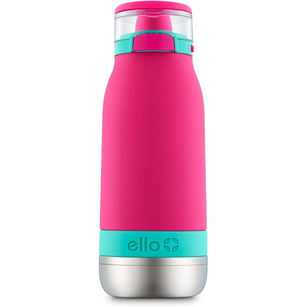 imageEllo Emma 14oz Vacuum Insulated Stainless Steel Kids Water Bottle with Straw and Builtin Carrying Handle and LeakProof Locking Lid for School Backpack Lunchbox and Outdoor SportsTropic Pink