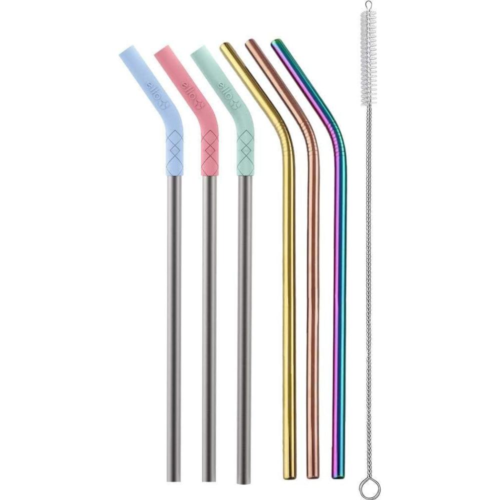 imageEllo Impact 6 Pack Reusable Metal Straws with Silicone Tips Made from Stainless Steel Dishwasher Safe BPAFreewith Cleaning Brush Summer Glow6 Piece Glow
