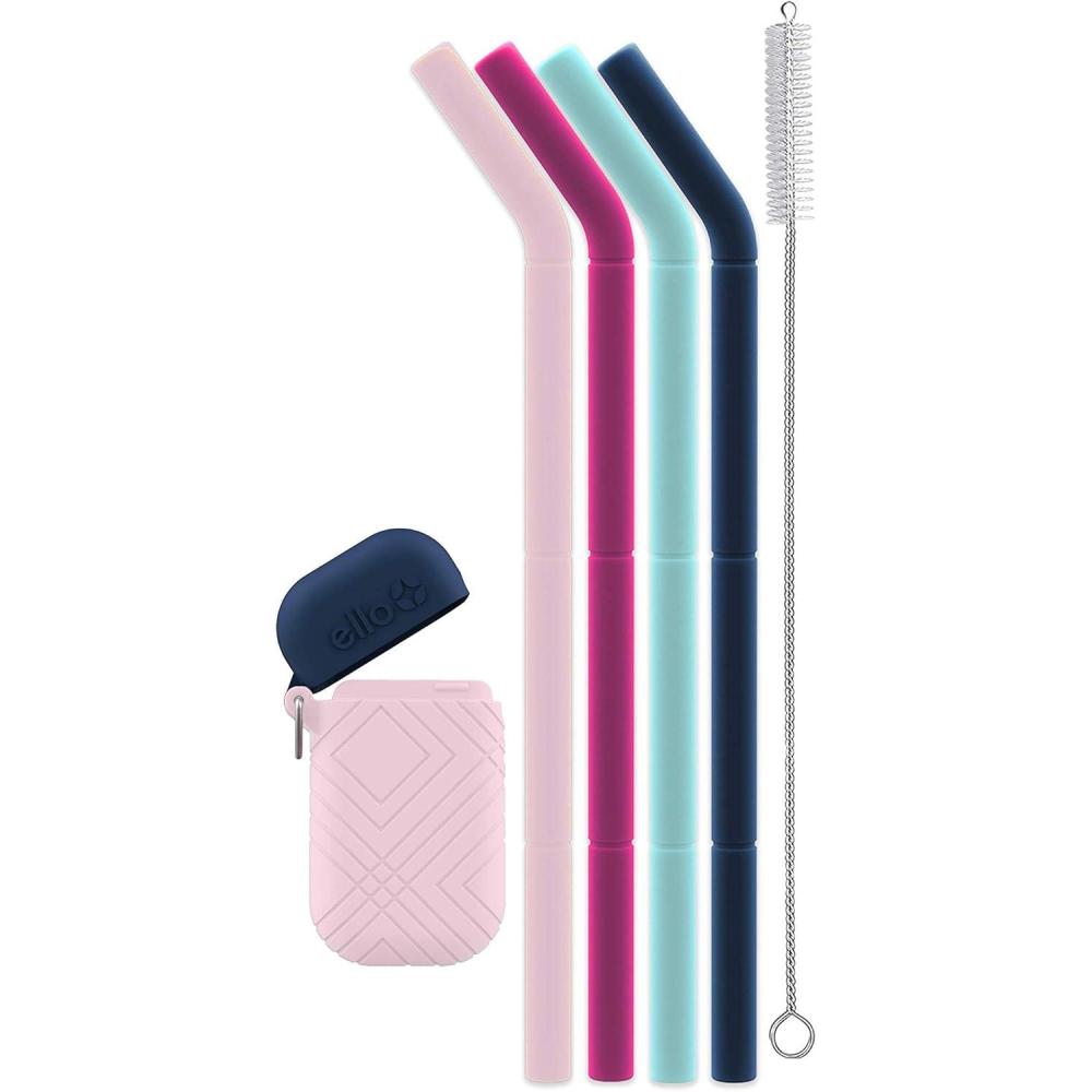 imageEllo Impact Pack of Reusable Silicone Straws with Fold amp Store Carry Case Portable Drinking Straw for Party Travel Cruise Ship Includes Straw Cleaning Brush Dishwasher Safe BPAFreeJune Breeze