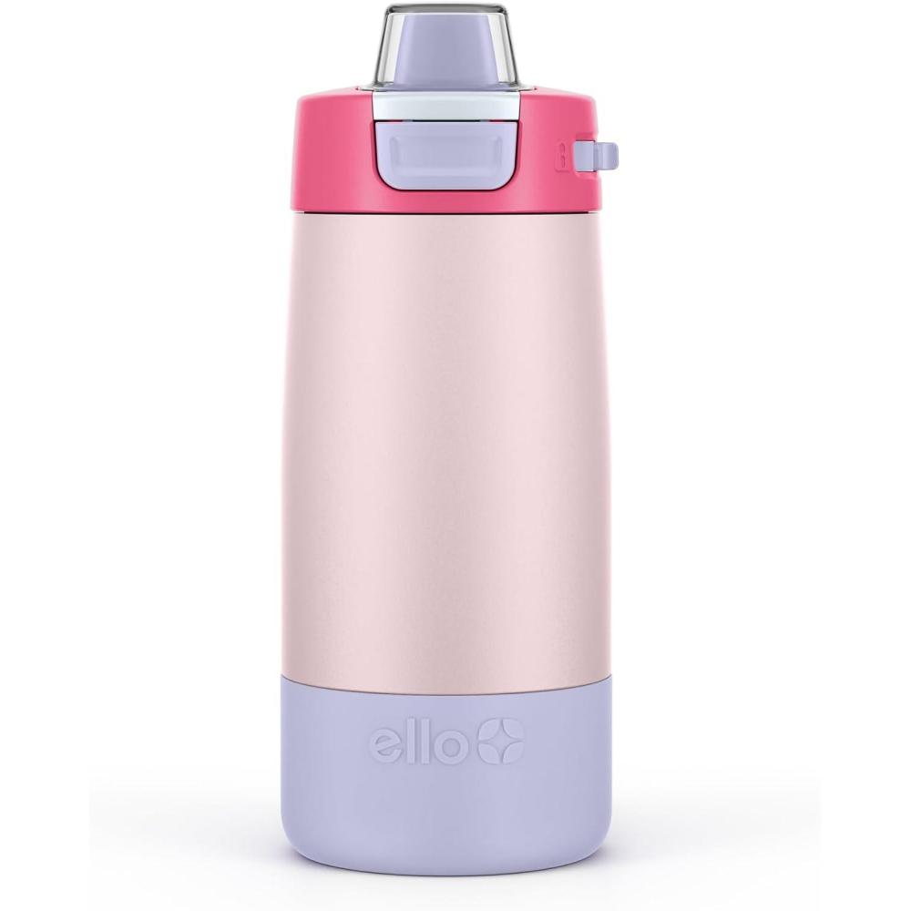 imageEllo Kids Colby 12oz Stainless Steel Insulated Water Bottle with Straw and BuiltIn Silicone Coaster Carrying Handle and LeakProof Locking Lid for School Backpack Lunchbox and Outdoor SportsBubble Berry