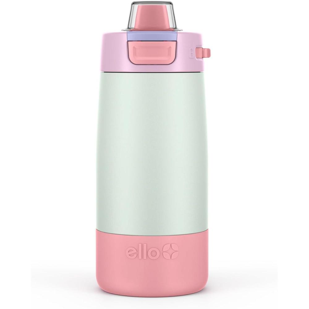 imageEllo Kids Colby 12oz Stainless Steel Insulated Water Bottle with Straw and BuiltIn Silicone Coaster Carrying Handle and LeakProof Locking Lid for School Backpack Lunchbox and Outdoor SportsFrosted Petal