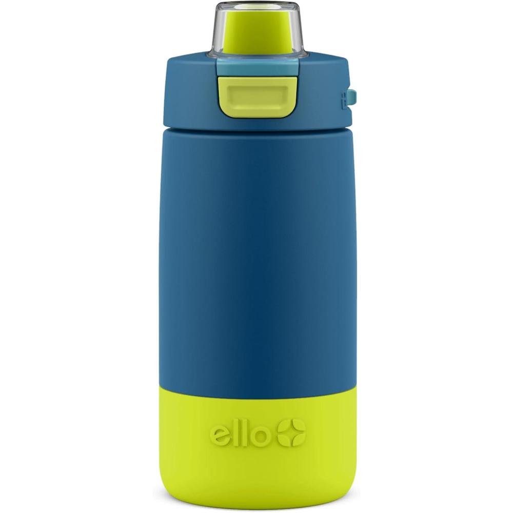 imageEllo Kids Colby 12oz Stainless Steel Insulated Water Bottle with Straw and BuiltIn Silicone Coaster Carrying Handle and LeakProof Locking Lid for School Backpack Lunchbox and Outdoor SportsTealGreen