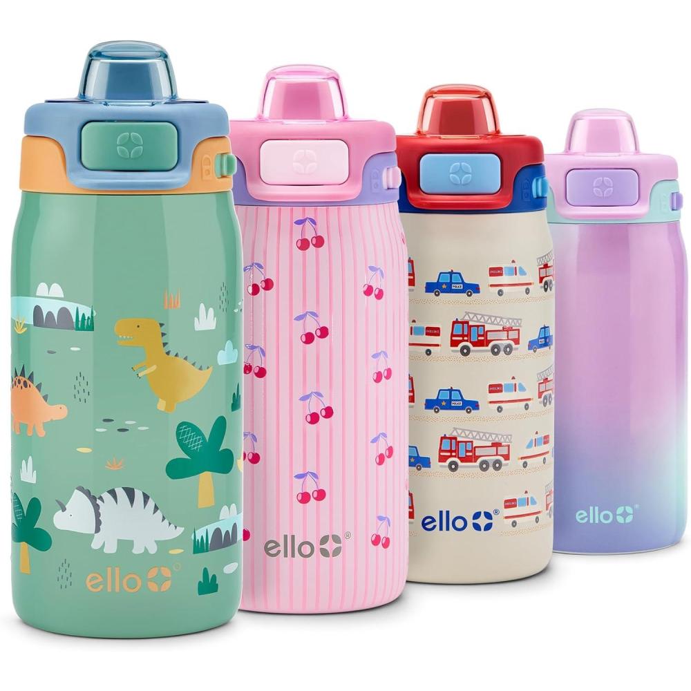 imageEllo Kids Pop amp Fill 12oz Toddler Water Bottle with Quick Fill Lid DoubleWall Vacuum Insulated Stainless Steel Leak Proof BPA Free Sip amp Chug For School Lunchboxes To the RescueDino