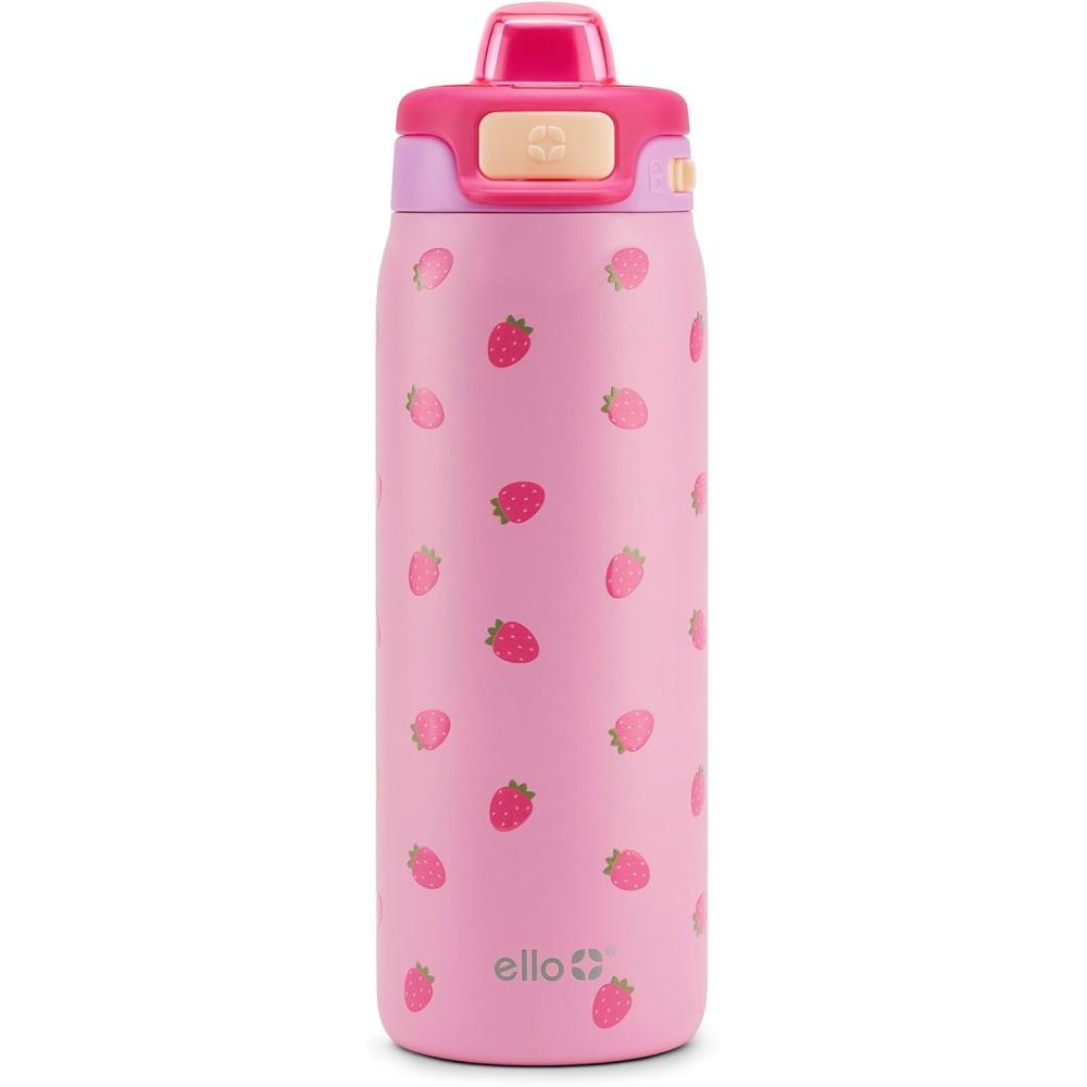 imageEllo Kids Pop amp Fill 18oz Stainless Steel Water Bottle with Quick Fill Technology DoubleWall Vacuum Insulation Leak Proof Locking Lid Sip amp Chug BPA Free Gifts for Girls Boys Purple HolographicStrawberries