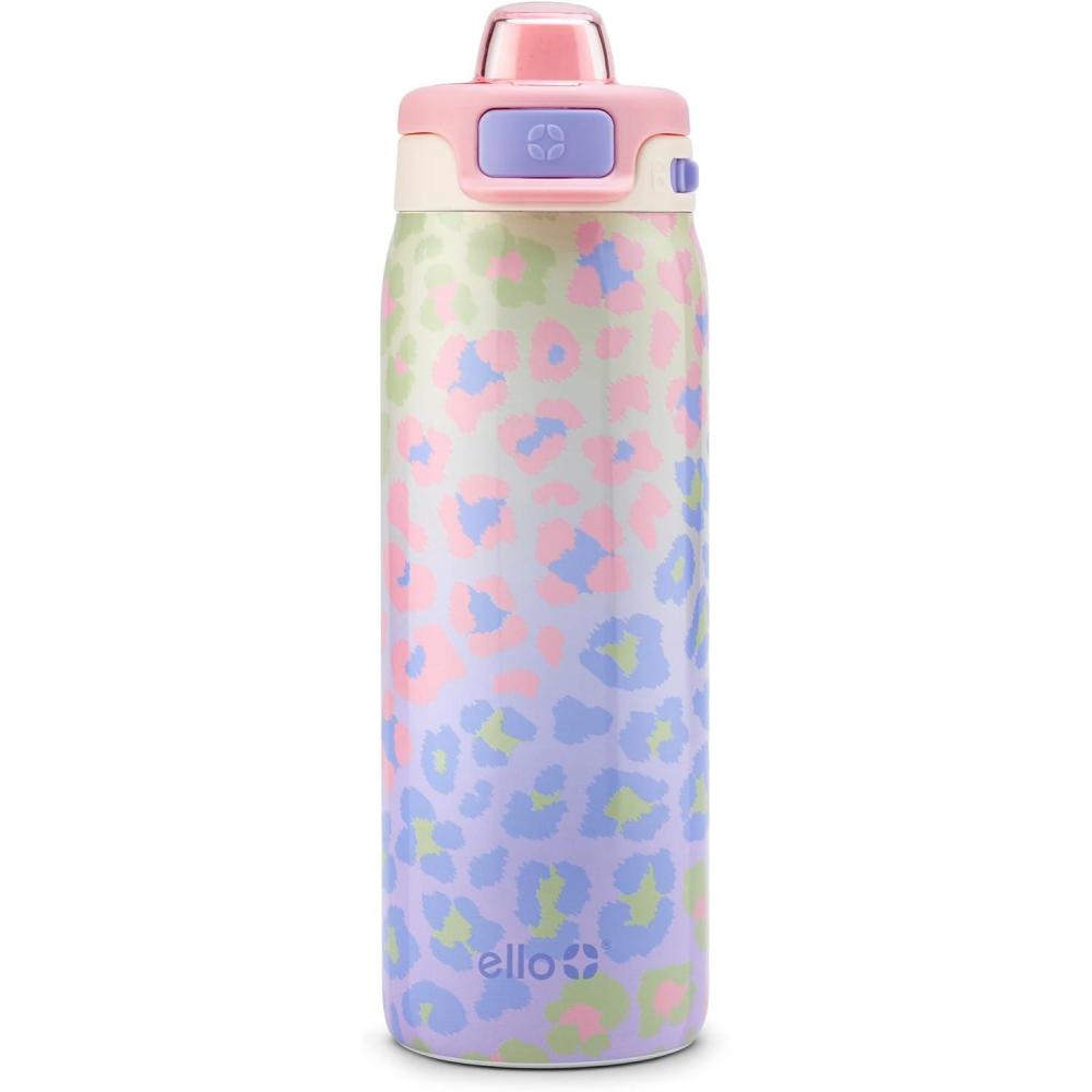 imageEllo Kids Pop amp Fill 18oz Stainless Steel Water Bottle with Quick Fill Technology DoubleWall Vacuum Insulation Leak Proof Locking Lid Sip amp Chug BPA Free Gifts for Girls Boys Purple HolographicCheetah