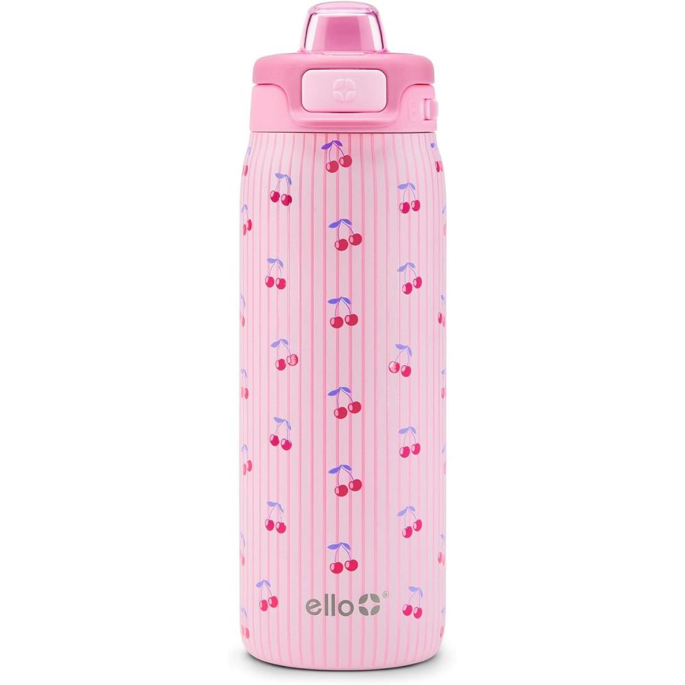 imageEllo Kids Pop amp Fill 18oz Stainless Steel Water Bottle with Quick Fill Technology DoubleWall Vacuum Insulation Leak Proof Locking Lid Sip amp Chug BPA Free Gifts for Girls Boys Purple HolographicPreppy Cherries
