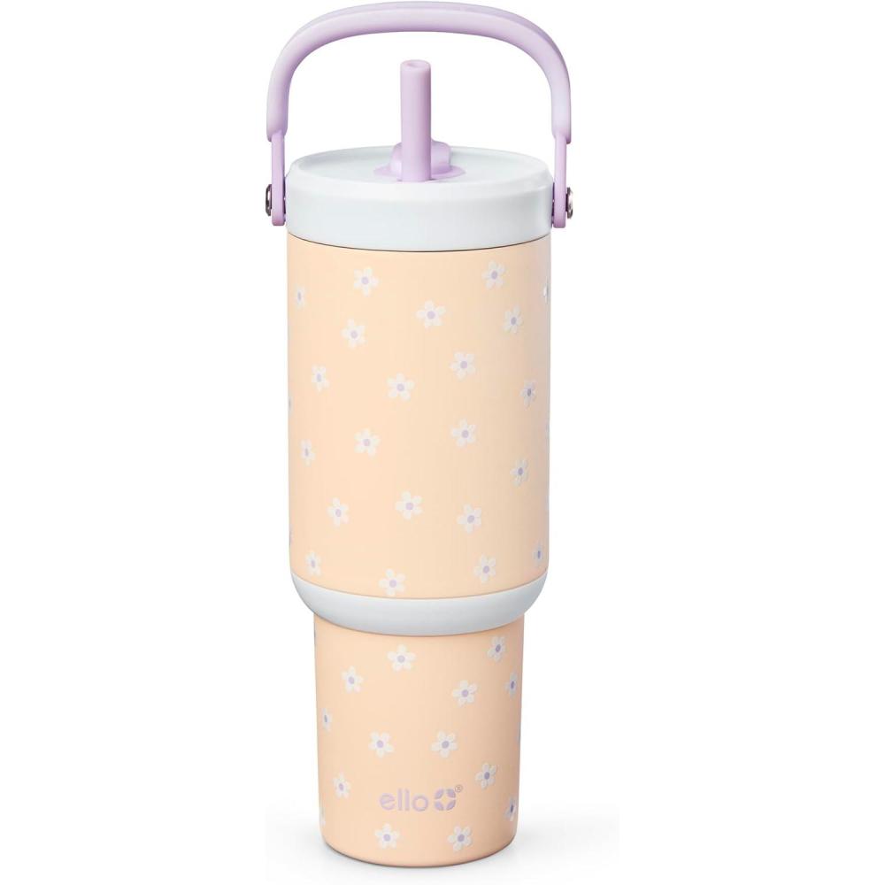 imageEllo Oasis Go 26oz Tumbler with Top Handle and Retracting Straw Reusable Insulated Stainless Steel Cup 100 Leakproof Water Bottle 24 Hours Cold Cup Holder Friendly For Travel DaisiesDaisies