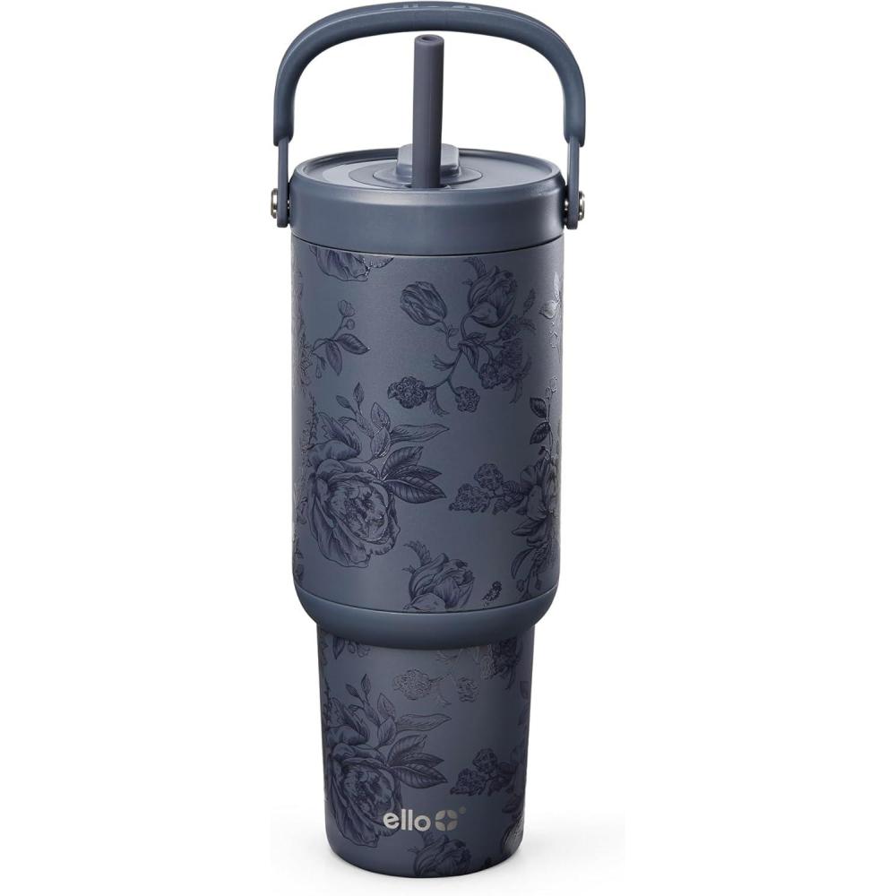imageEllo Oasis Go 32oz Tumbler with Top Handle and Retracting Straw Reusable Insulated Stainless Steel Cup 100 Leakproof Water Bottle 24 Hours Cold Cup Holder Friendly For Travel MineralPorcelain Rose Navy