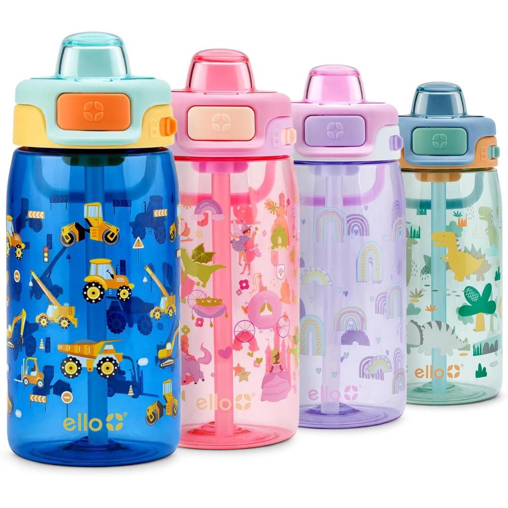 imageEllo Pop amp Fill 16oz Tritan Plastic Kids Water Bottle with Quick Fill Lid BPA Free Reusable Bottle with Leak Proof Straw and Chug Lid Dishwasher Safe Gift For Kids DinoConstruction