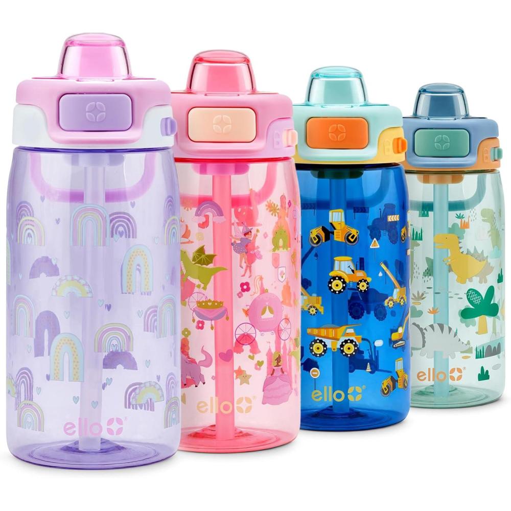 imageEllo Pop amp Fill 16oz Tritan Plastic Kids Water Bottle with Quick Fill Lid BPA Free Reusable Bottle with Leak Proof Straw and Chug Lid Dishwasher Safe Gift For Kids DinoRainbows