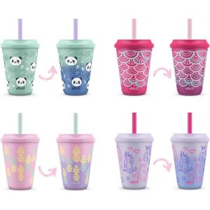 Ello 12oz Kids Plastic Reusable Color Changing Cups with Twist on Splash-Proof Lids and Straw, BPA Free, Dishwasher Safe(Fruit Pop)