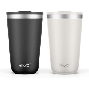 Ello 2 Pack 16oz Stainless Steel Stacking Cups with Easy Press Lids | Pint Size Reusable Tumblers for Parties, Home, Camping, Outdoor | Keeps Cold for 16 Hours, Dishwasher Safe | Soft Plum & Sage(Black & Mineral)