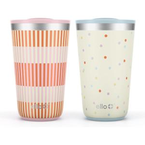 Ello 2 Pack 16oz Stainless Steel Stacking Cups with Easy Press Lids | Pint Size Reusable Tumblers for Parties, Home, Camping, Outdoor | Keeps Cold for 16 Hours, Dishwasher Safe | Soft Plum & Sage(Stripes & Dots)