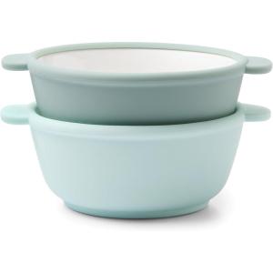 Ello Clean Start Toddler Bowls 2 Pack | Ceramic Kids/Baby Bowls with Silicone Sleeves | BPA-Free, Plastic-Free | Microwave & Dishwasher Safe | High Chair Friendly, Stackable | Quiet Tide/Tech Blue(Dewdrop/Grayed Jade)
