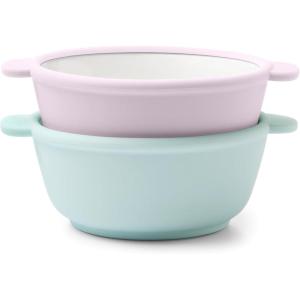 Ello Clean Start Toddler Bowls 2 Pack | Ceramic Kids/Baby Bowls with Silicone Sleeves | BPA-Free, Plastic-Free | Microwave & Dishwasher Safe | High Chair Friendly, Stackable | Quiet Tide/Tech Blue(Dewdrop/Sugarplum)