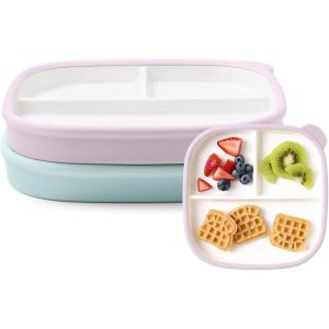 Ello Clean Start Toddler Breakfast Plate 2 Pack | BPA-Free Ceramic Plates with Divider & Silicone Sleeve for Babies/Toddlers| Microwave & Dishwasher Safe | High Chair Friendly | Dewdrop/Sugarplum(Dewdrop/Sugarplum)