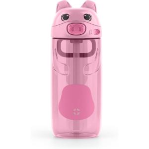 Ello Ellies 16oz Plastic Kids Water Bottle with Straw and Built-in Carrying Handle and Leak-Proof Locking Lid for School backpack, Lunchbox and Outdoor Sports, Pig(Pig)