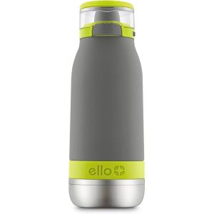 Ello Emma 14oz Vacuum Insulated Stainless Steel Kids Water Bottle with Straw and Built-in Carrying Handle and Leak-Proof Locking Lid for School Backpack, Lunchbox and Outdoor Sports(Gray/Green)