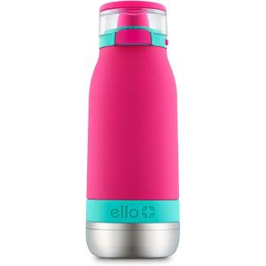 Ello Emma 14oz Vacuum Insulated Stainless Steel Kids Water Bottle with Straw and Built-in Carrying Handle and Leak-Proof Locking Lid for School Backpack, Lunchbox and Outdoor Sports(Tropic Pink)