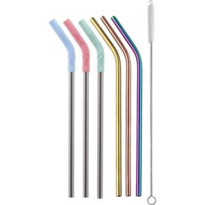 Ello Impact 6 Pack Reusable Metal Straws with Silicone Tips Made from Stainless Steel, Dishwasher Safe, BPA-Freewith Cleaning Brush, Summer Glow(6 Piece- Glow)