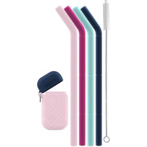 Ello Impact Pack of Reusable Silicone Straws with Fold & Store Carry Case, Portable Drinking Straw for Party Travel Cruise Ship, Includes Straw Cleaning Brush, Dishwasher Safe, BPA-Free(June Breeze)