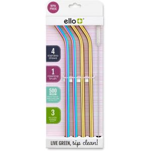 Ello Impact Stainless Steel Reusable Straws with Cleaning Brush, 4 Piece, Rainbow