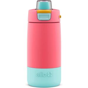 Ello Kids Colby 12oz Stainless Steel Insulated Water Bottle with Straw and Built-In Silicone Coaster Carrying Handle and Leak-Proof Locking Lid for School Backpack, Lunchbox, and Outdoor Sports(Coral/Mint)