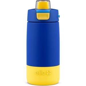 Ello Kids Colby 12oz Stainless Steel Insulated Water Bottle with Straw and Built-In Silicone Coaster Carrying Handle and Leak-Proof Locking Lid for School Backpack, Lunchbox, and Outdoor Sports(Blue/Orange)