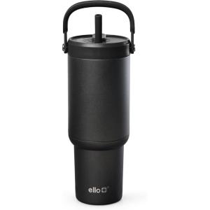 Ello Oasis Go+ 26oz Tumbler with Top Handle and Retracting Straw | Reusable Insulated Stainless Steel Cup, 100% Leakproof Water Bottle, 24 Hours Cold, Cup Holder Friendly For Travel | Daisies(Black)