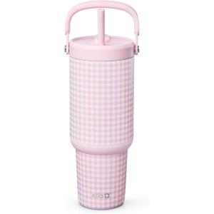 Ello Oasis Go+ 32oz Tumbler with Top Handle and Retracting Straw | Reusable Insulated Stainless Steel Cup, 100% Leakproof Water Bottle, 24 Hours Cold, Cup Holder Friendly For Travel | Mineral(Pink Gingham)