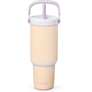 Ello Oasis Go+ 32oz Tumbler with Top Handle and Retracting Straw | Reusable Insulated Stainless Steel Cup, 100% Leakproof Water Bottle, 24 Hours Cold, Cup Holder Friendly For Travel | Mineral(Daises)