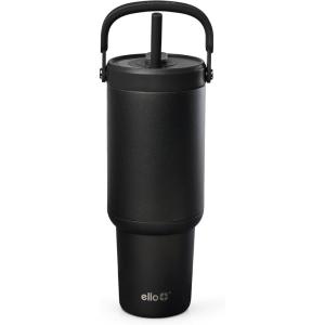 Ello Oasis Go+ 32oz Tumbler with Top Handle and Retracting Straw | Reusable Insulated Stainless Steel Cup, 100% Leakproof Water Bottle, 24 Hours Cold, Cup Holder Friendly For Travel | Mineral(Black)