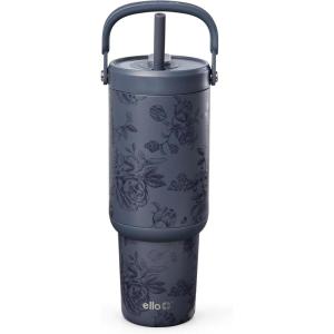 Ello Oasis Go+ 32oz Tumbler with Top Handle and Retracting Straw | Reusable Insulated Stainless Steel Cup, 100% Leakproof Water Bottle, 24 Hours Cold, Cup Holder Friendly For Travel | Mineral(Porcelain Rose Navy)